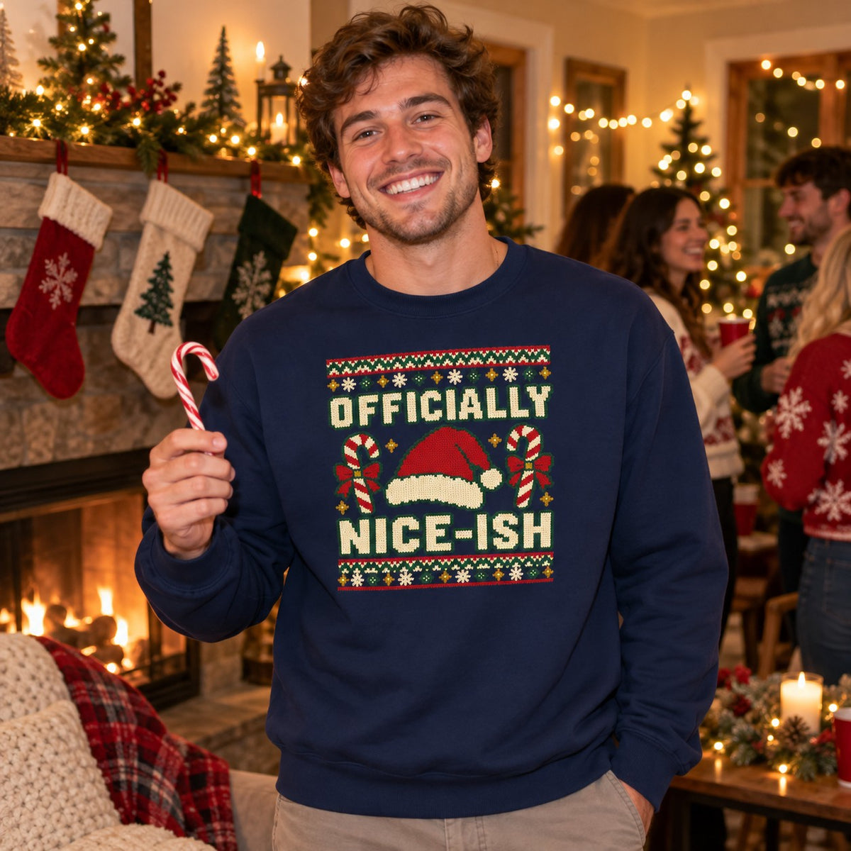 Officially Nice-ish Ugly Christmas Sweatshirt worn at a Christmas party