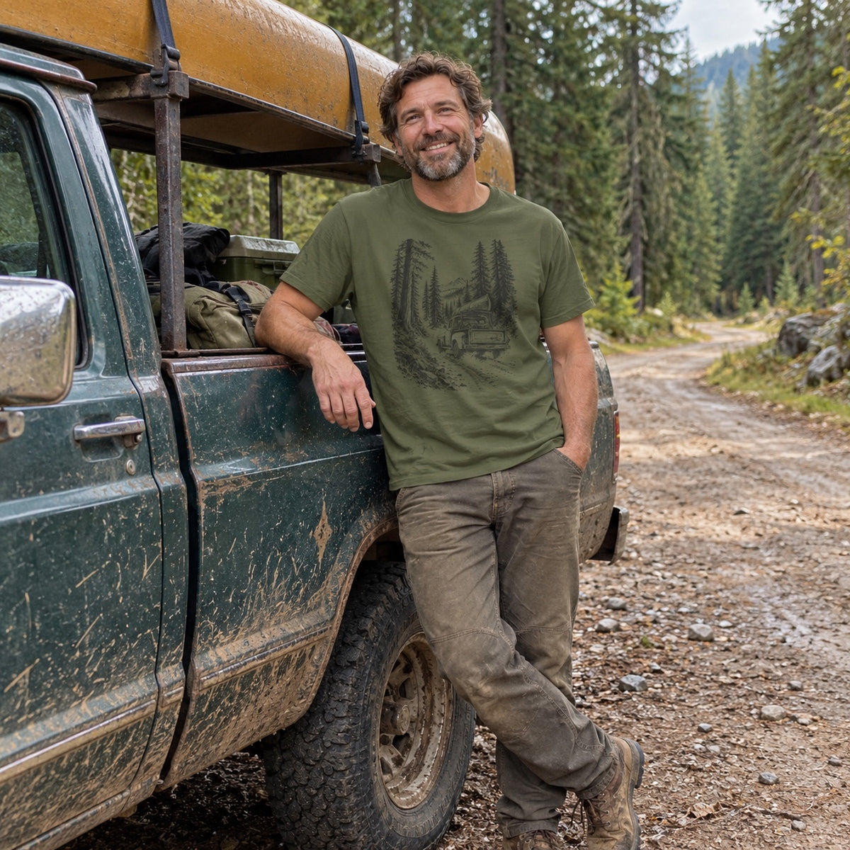 Old Truck Forest Road T-Shirt worn by an old pickup