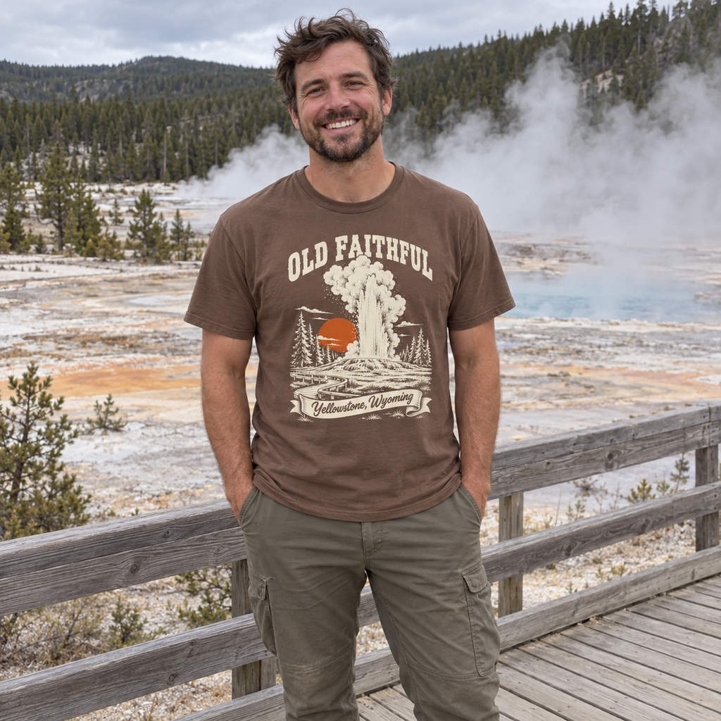 Man wearing the Old Faithful T-Shirt at Yellowstone