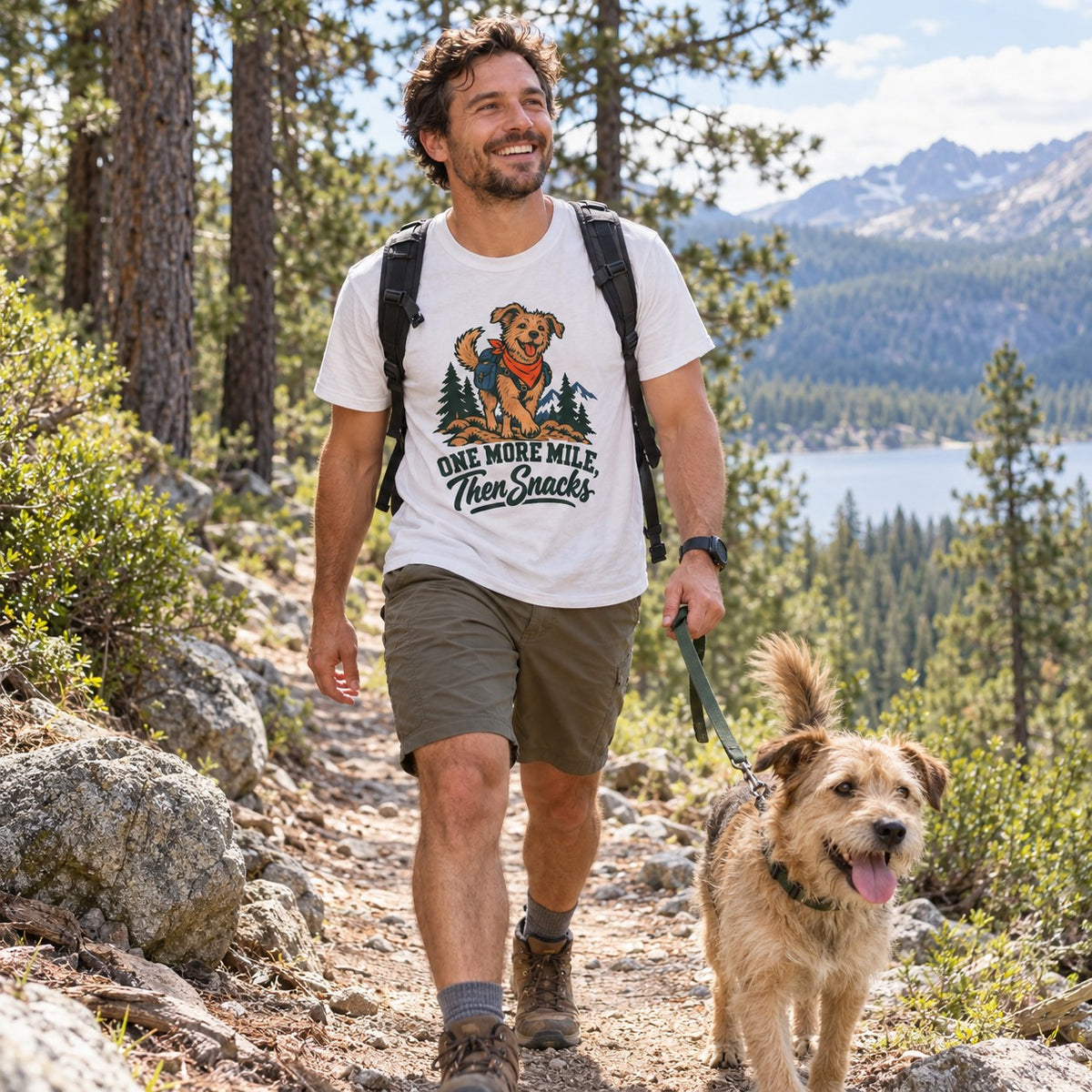 One More Mile, Then Snacks T-Shirt worn on a hiking trail