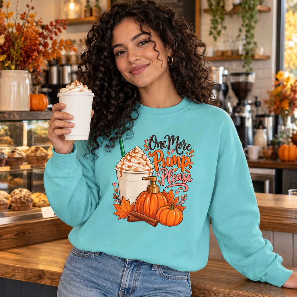 Woman wearing the One More Pump, Please sweatshirt