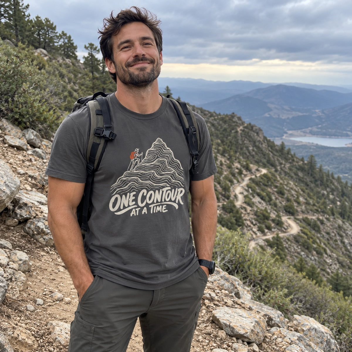 Man wearing the One Contour at a Time T-shirt outdoors