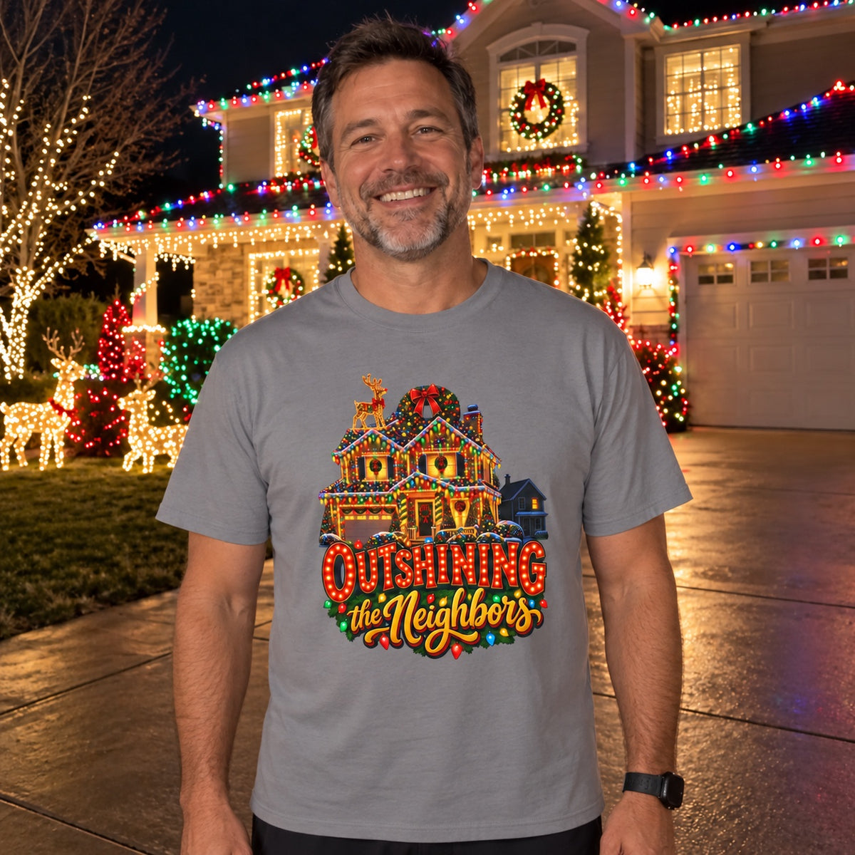 Outshining the Neighbors T-Shirt worn in a casual Christmas photo
