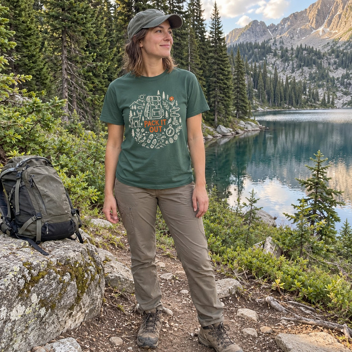 Woman wearing the Pack It Out T-shirt in Blue Spruce by a mountain lake