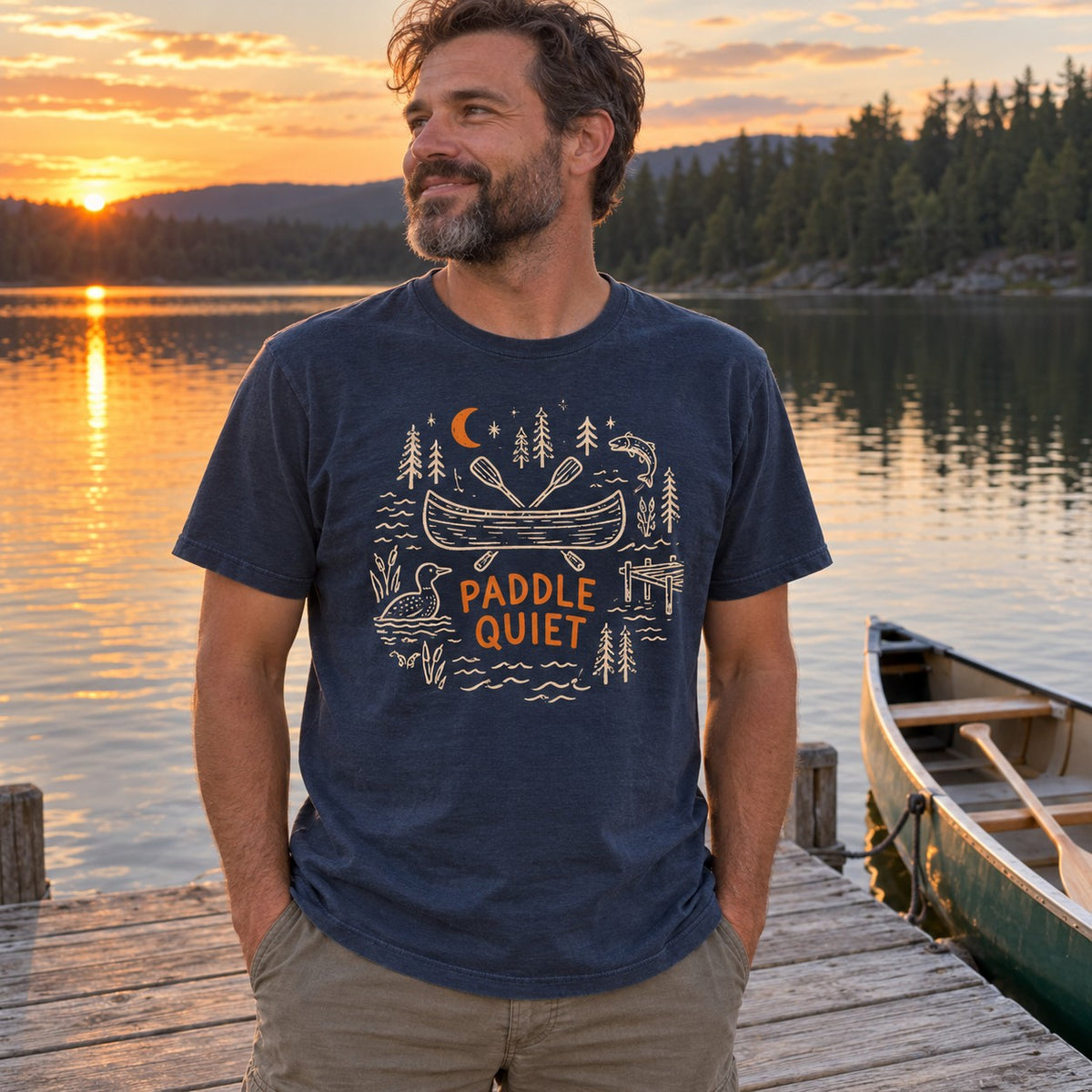 Man wearing the Paddle Quiet T-shirt in True Navy on a lake dock