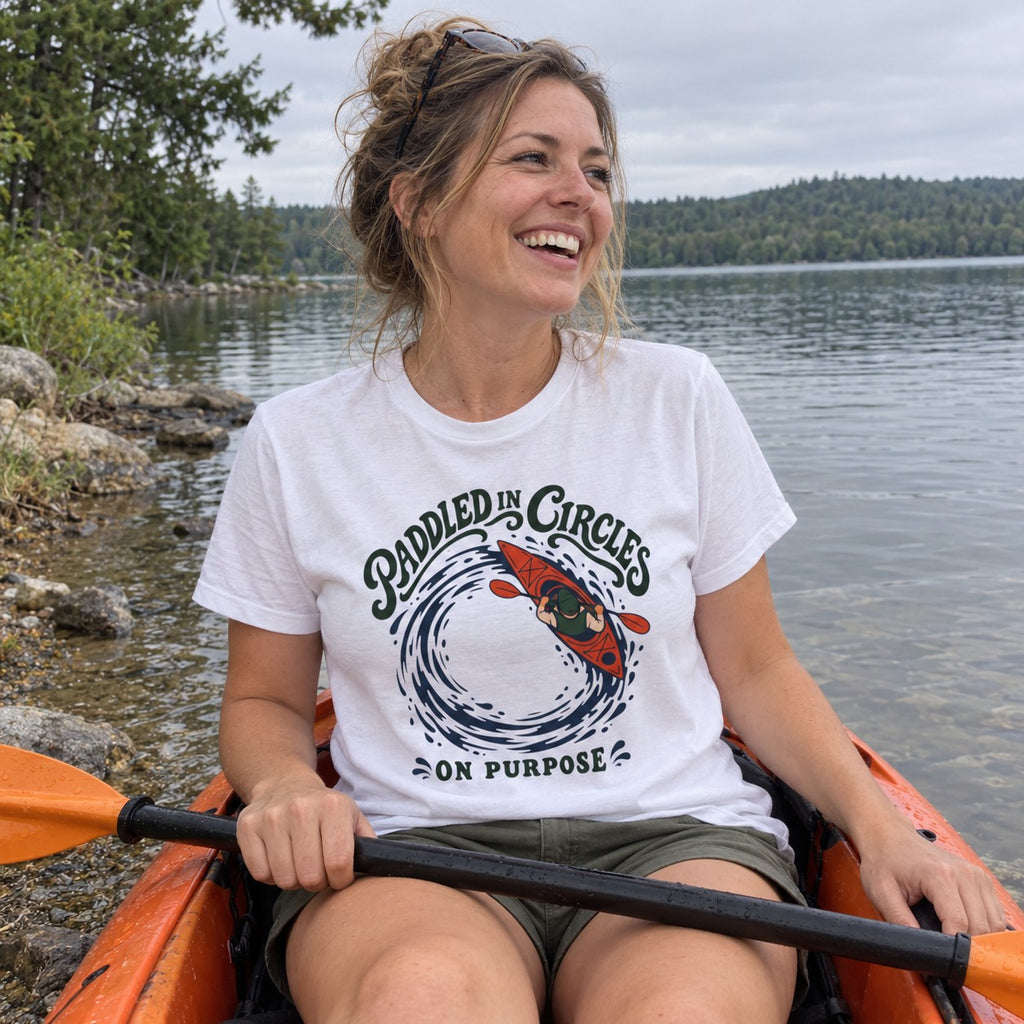 Paddled in Circles T-Shirt worn outdoors