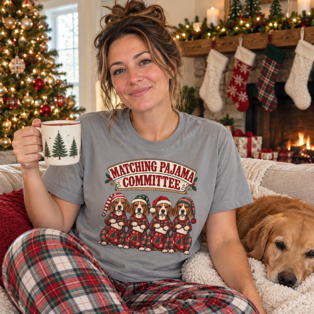 Matching Pajama Committee T-Shirt worn in a casual Christmas photo