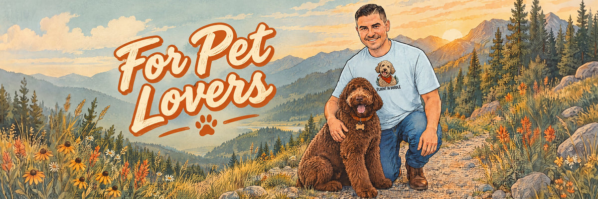 For Pet Lovers - man in a Fluent in Doodle tee with his doodle on a mountain trail