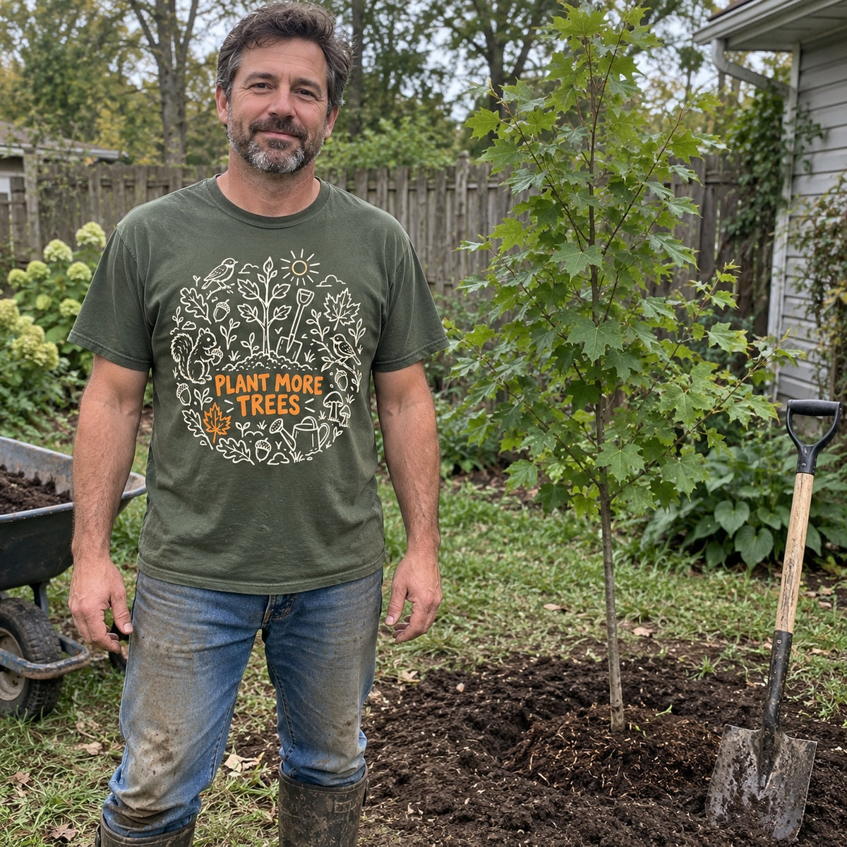 Man wearing the Plant More Trees T-Shirt in Moss next to a new tree