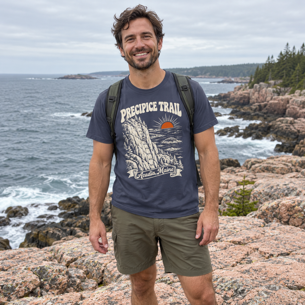 Man wearing the Precipice Trail T-Shirt on the Maine coast