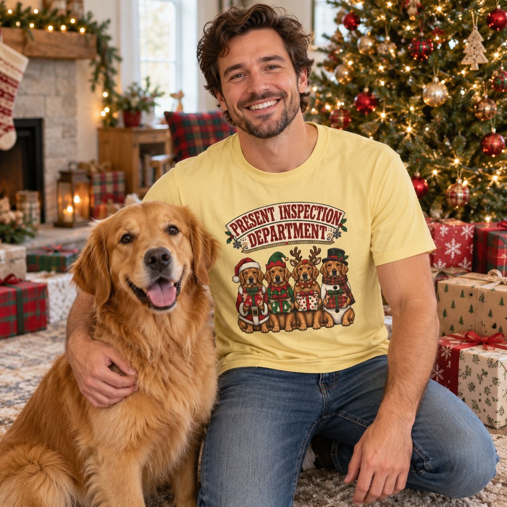 Present Inspection Department T-Shirt worn in a casual Christmas photo