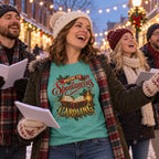 Prone to Spontaneous Caroling T-Shirt worn in a casual Christmas photo