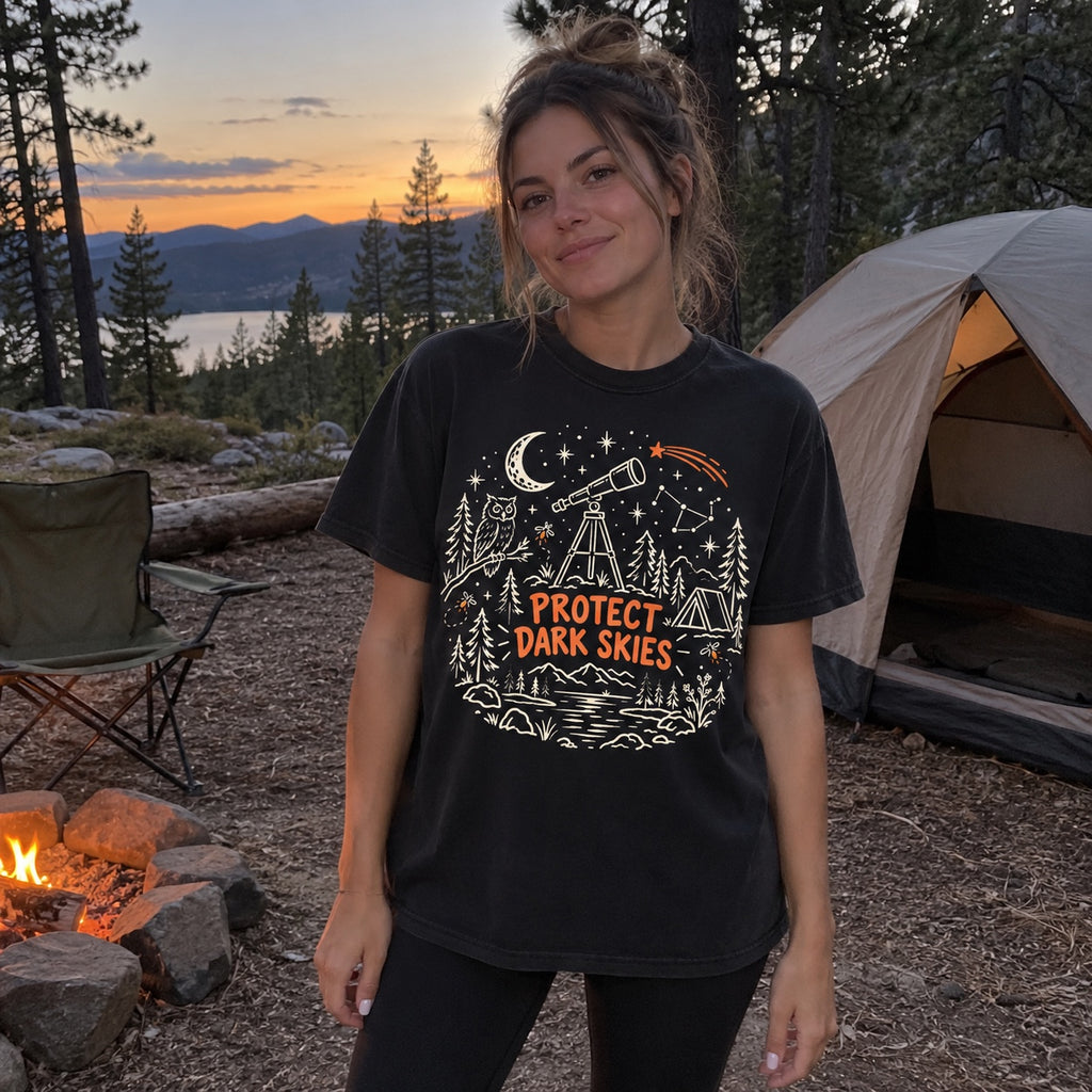 Woman wearing the Protect Dark Skies T-Shirt in Black at a campsite