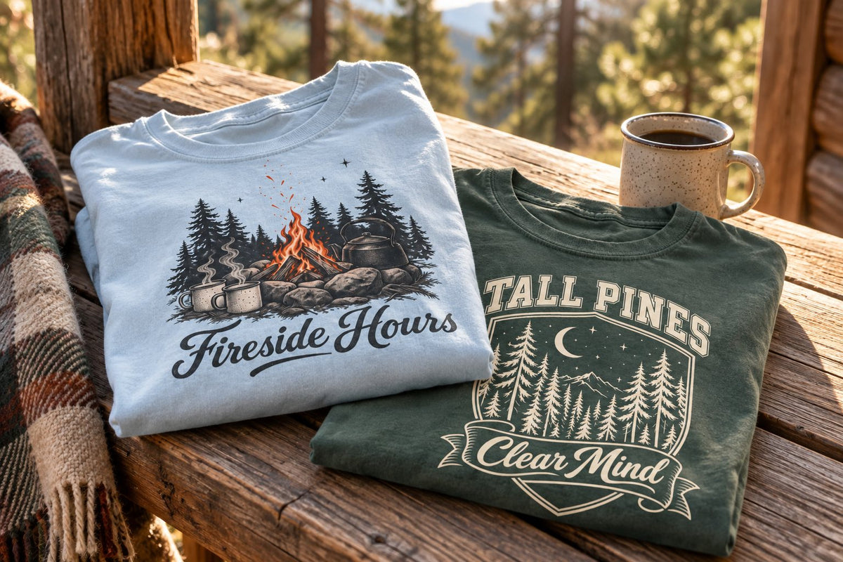 Fireside Hours and Tall Pines Clear Mind garment-dyed tees folded on a wooden cabin porch rail with a coffee mug and plaid blanket