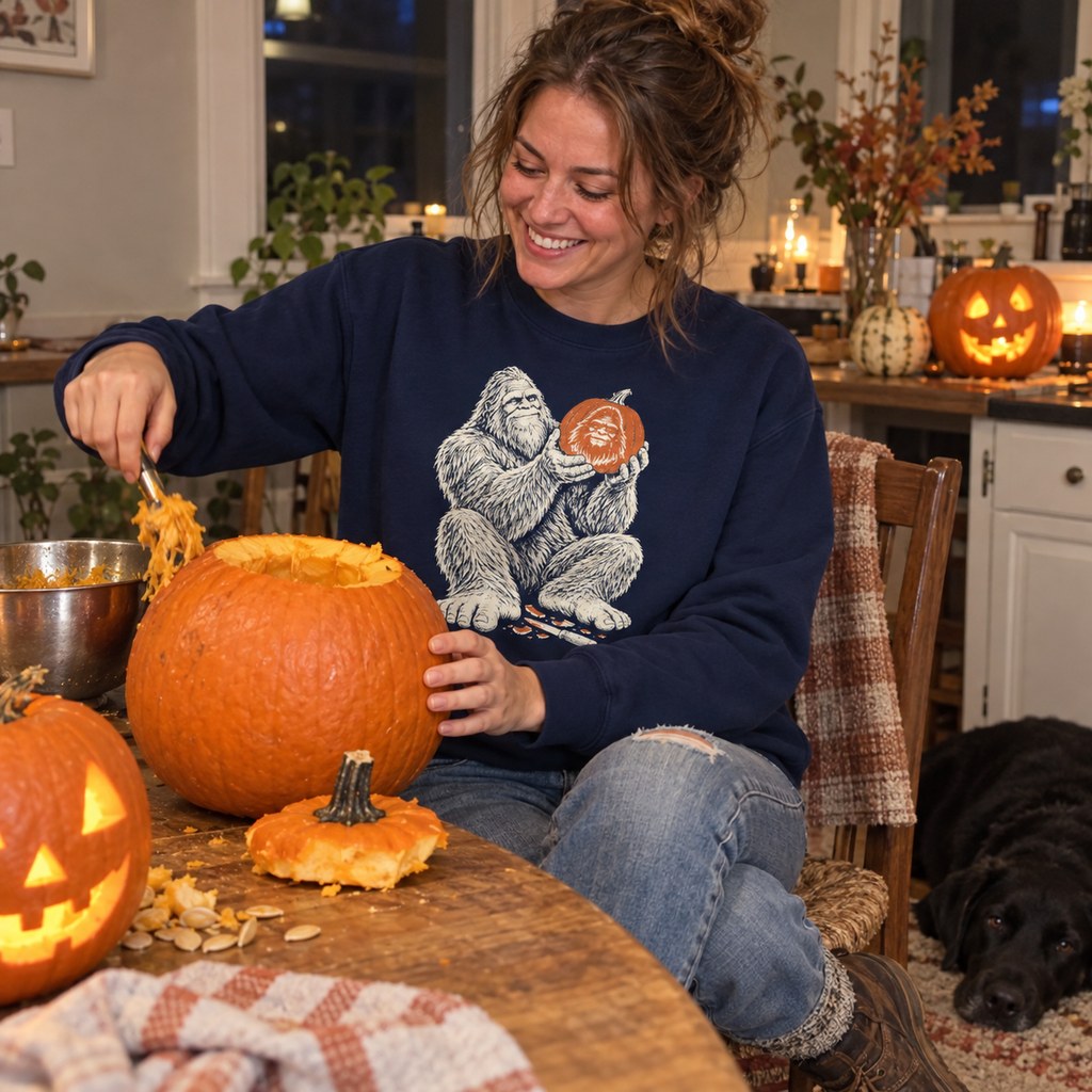 Person wearing the Bigfoot Pumpkin Carver Sweatshirt