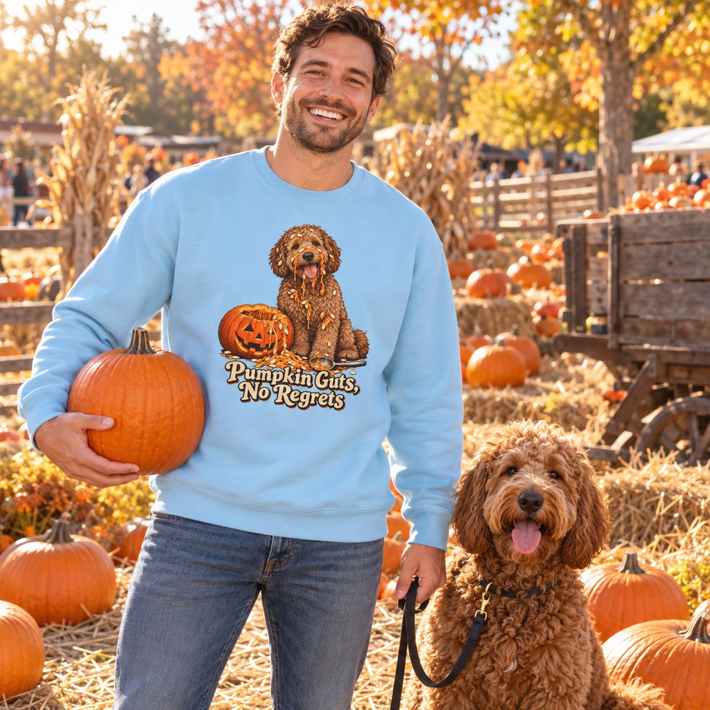 Pumpkin Guts, No Regrets Sweatshirt worn casually