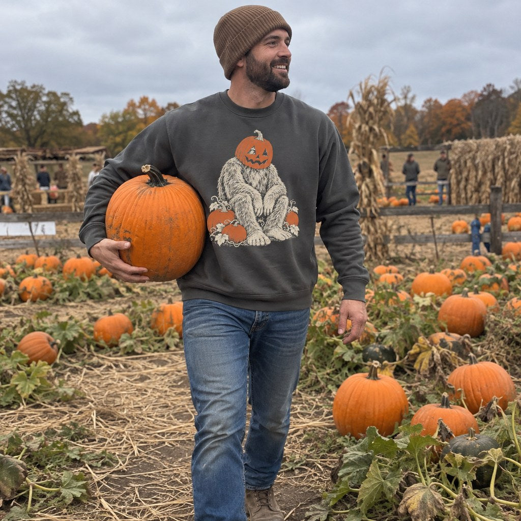Person wearing the Bigfoot Pumpkin Head Sweatshirt