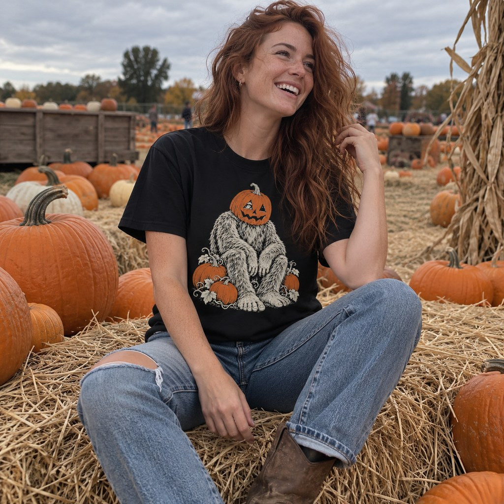 Person wearing the Bigfoot Pumpkin Head T-Shirt