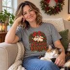 Purr-fectly Festive T-Shirt worn in a casual Christmas photo