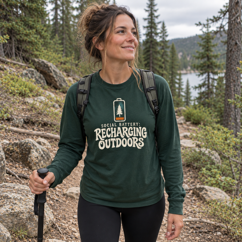 Woman wearing the Social Battery: Recharging Outdoors Long Sleeve Shirt outdoors