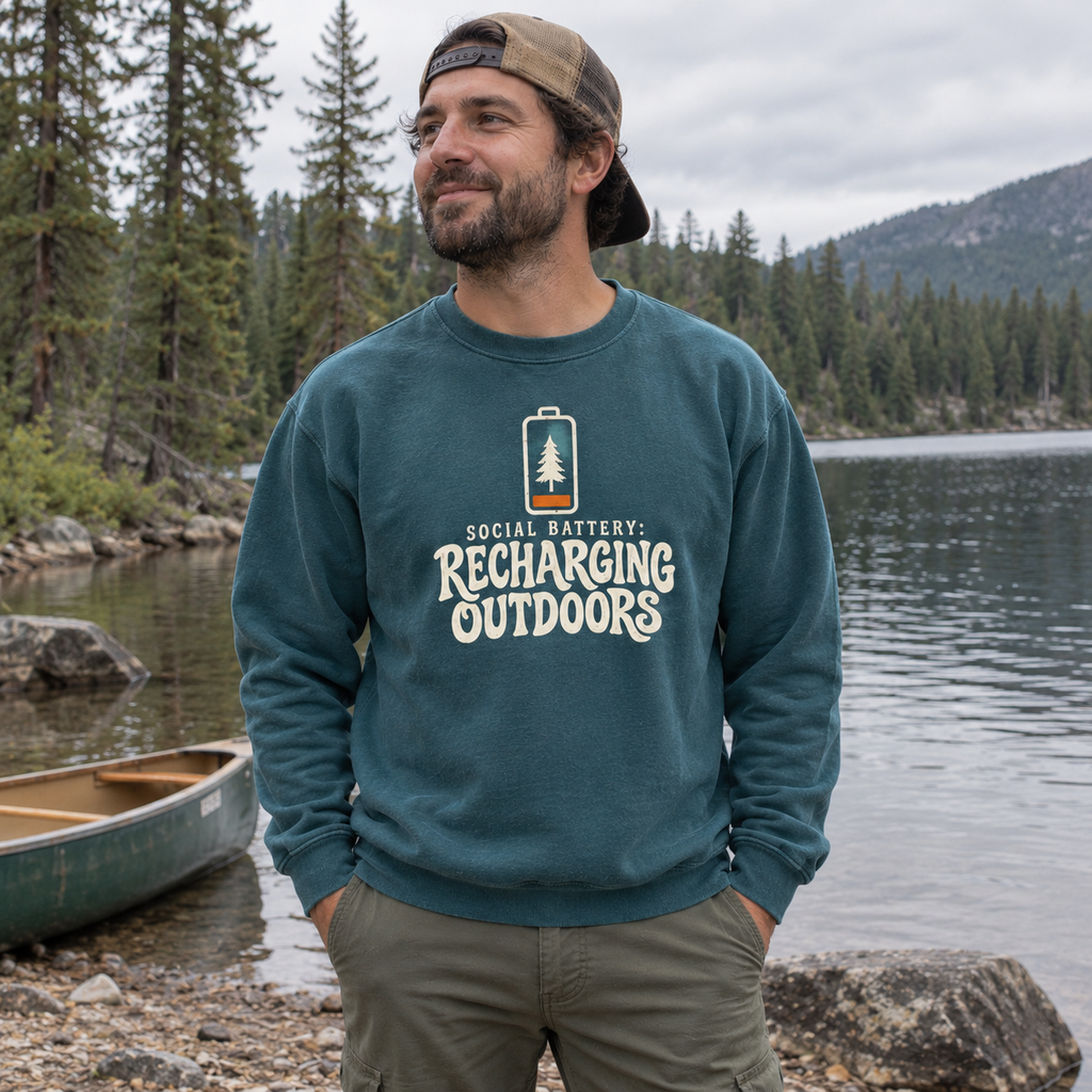 Man wearing the Social Battery: Recharging Outdoors Sweatshirt outdoors