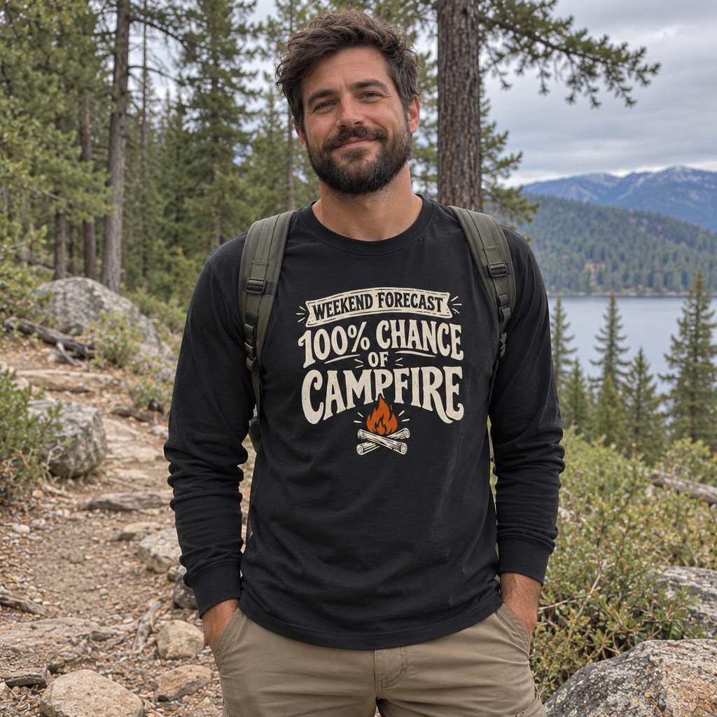 Man wearing the Weekend Forecast: 100% Chance of Campfire Long Sleeve Shirt outdoors