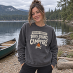 Woman wearing the Weekend Forecast: 100% Chance of Campfire Sweatshirt outdoors