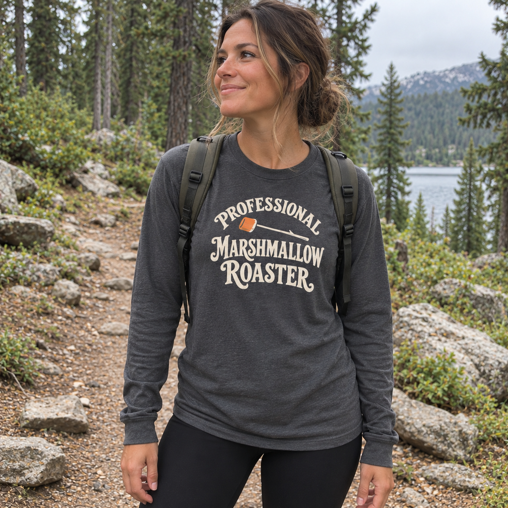 Woman wearing the Professional Marshmallow Roaster Long Sleeve Shirt outdoors