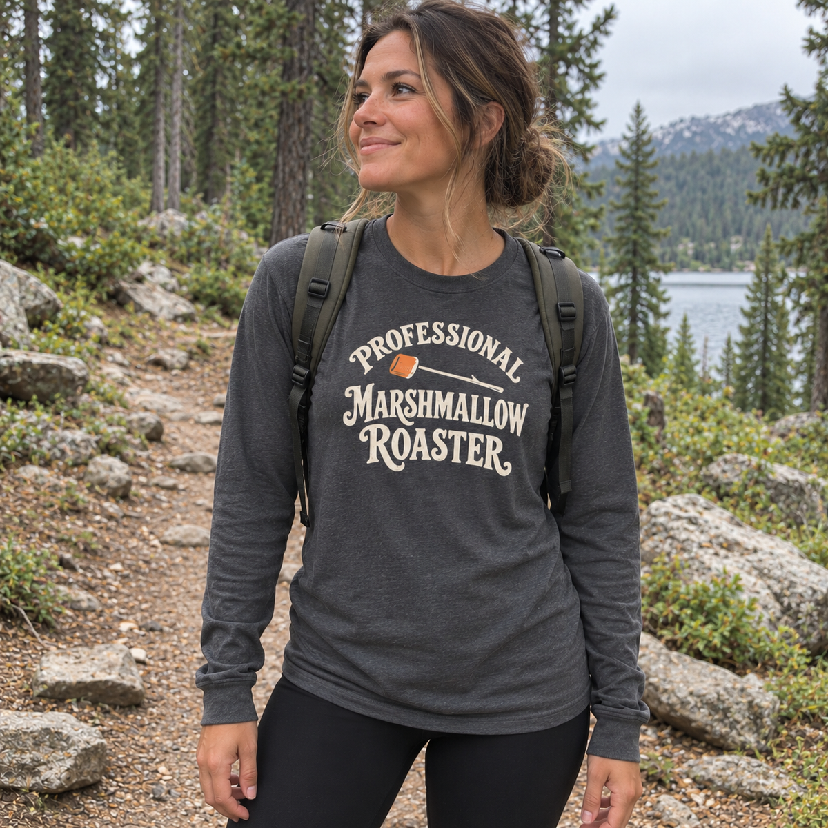 Woman wearing the Professional Marshmallow Roaster Long Sleeve Shirt outdoors