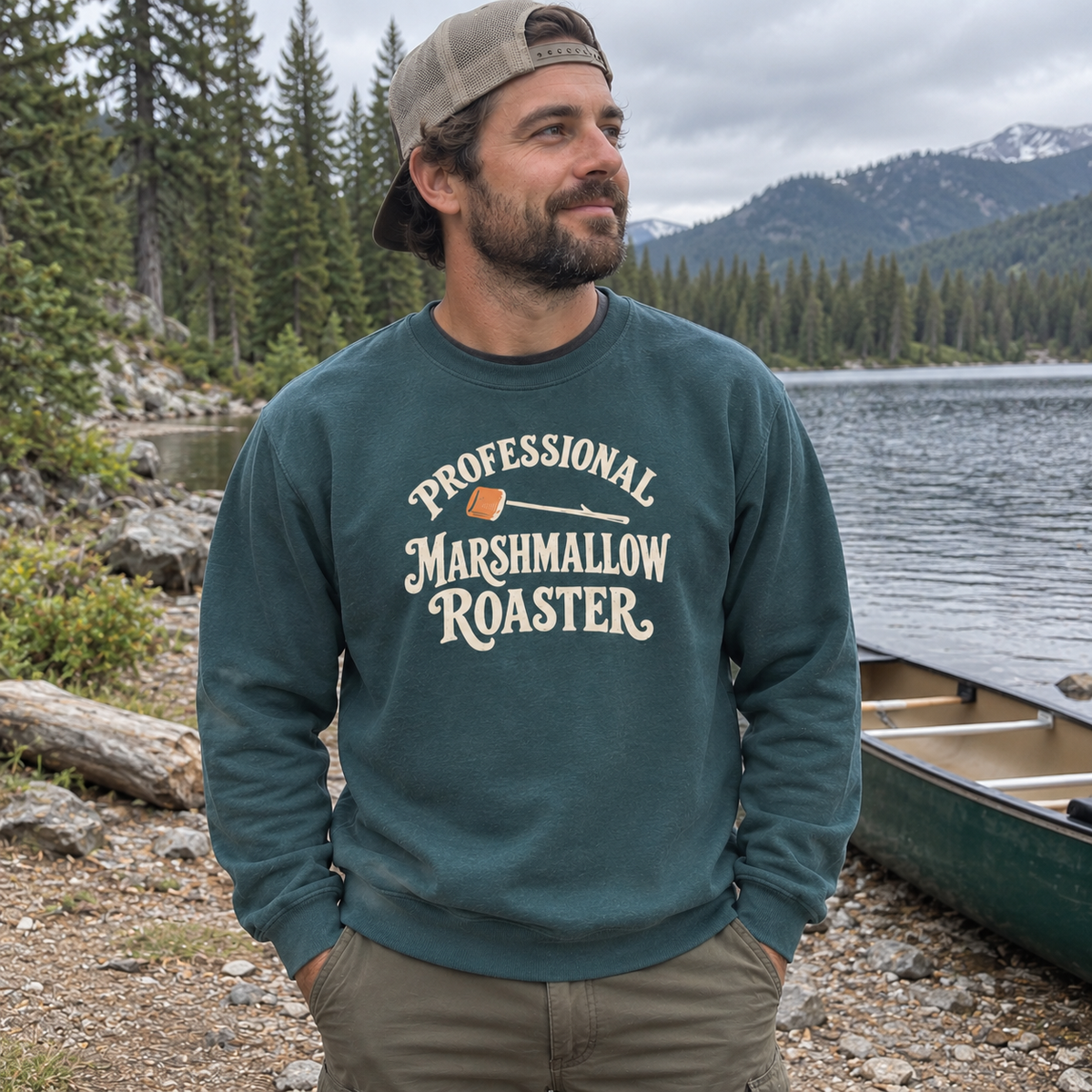 Man wearing the Professional Marshmallow Roaster Sweatshirt outdoors