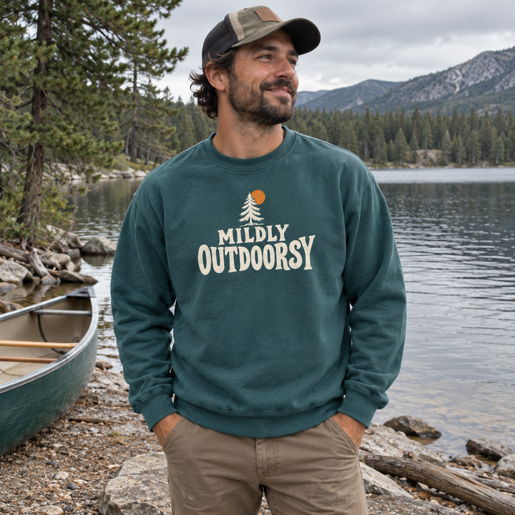 Man wearing the Mildly Outdoorsy Sweatshirt outdoors