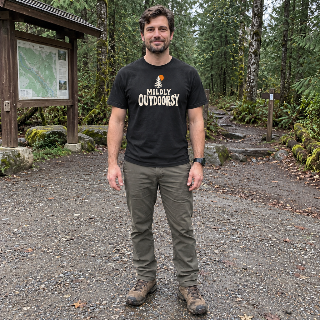 Man wearing the Mildly Outdoorsy T-Shirt at a trailhead