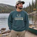 Man wearing the I Came for the View. I Stayed for the Nap. Sweatshirt outdoors