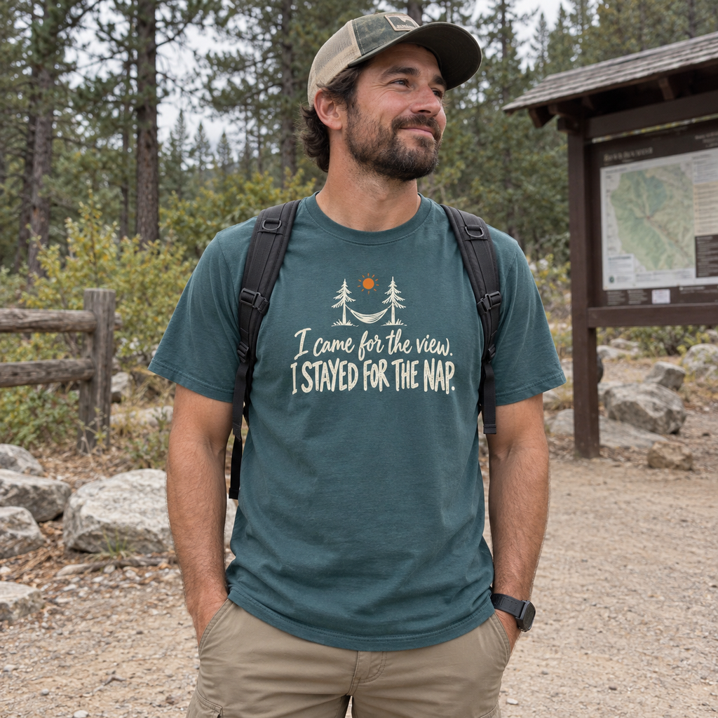 Man wearing the I Came for the View. I Stayed for the Nap. T-Shirt at an overlook