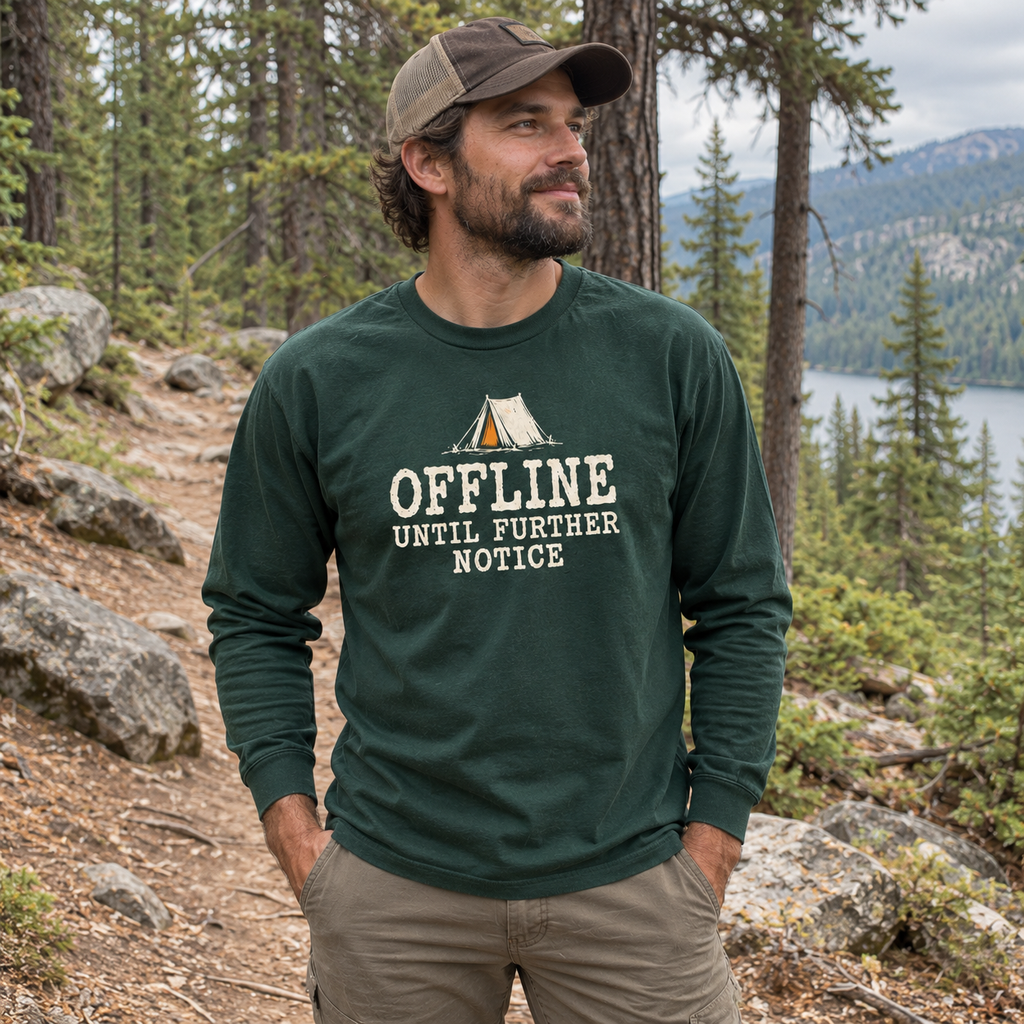 Man wearing the Offline Until Further Notice Long Sleeve Shirt outdoors