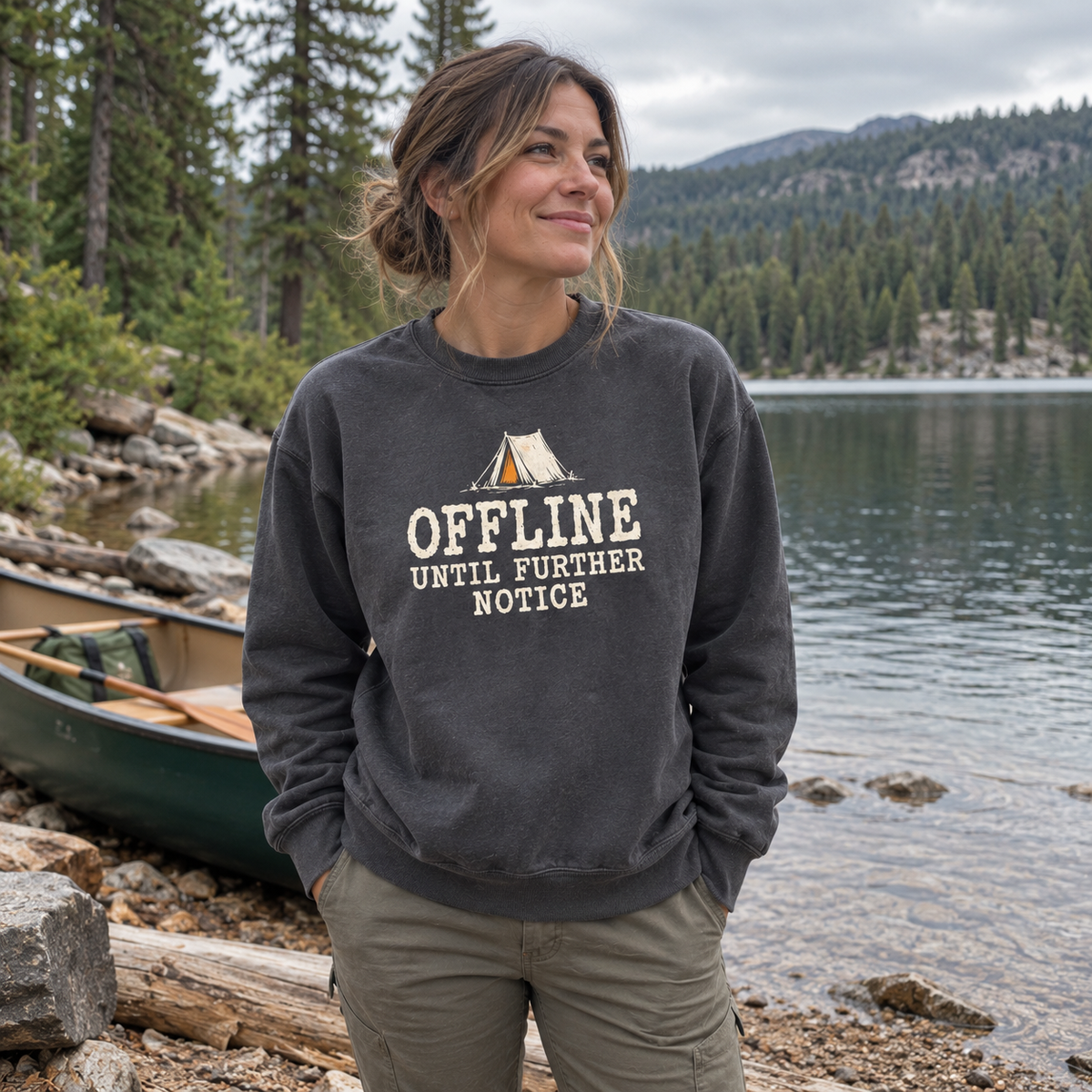 Woman wearing the Offline Until Further Notice Sweatshirt outdoors