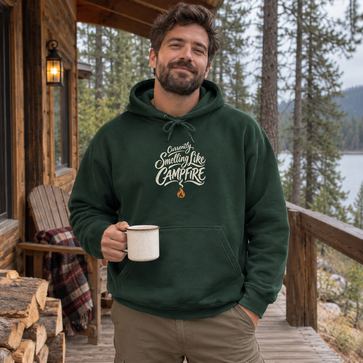 Man wearing the Currently Smelling Like Campfire Hoodie on a cabin porch