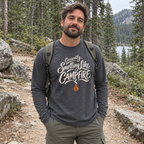 Man wearing the Currently Smelling Like Campfire Long Sleeve Shirt outdoors