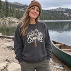 Woman wearing the Currently Smelling Like Campfire Sweatshirt outdoors