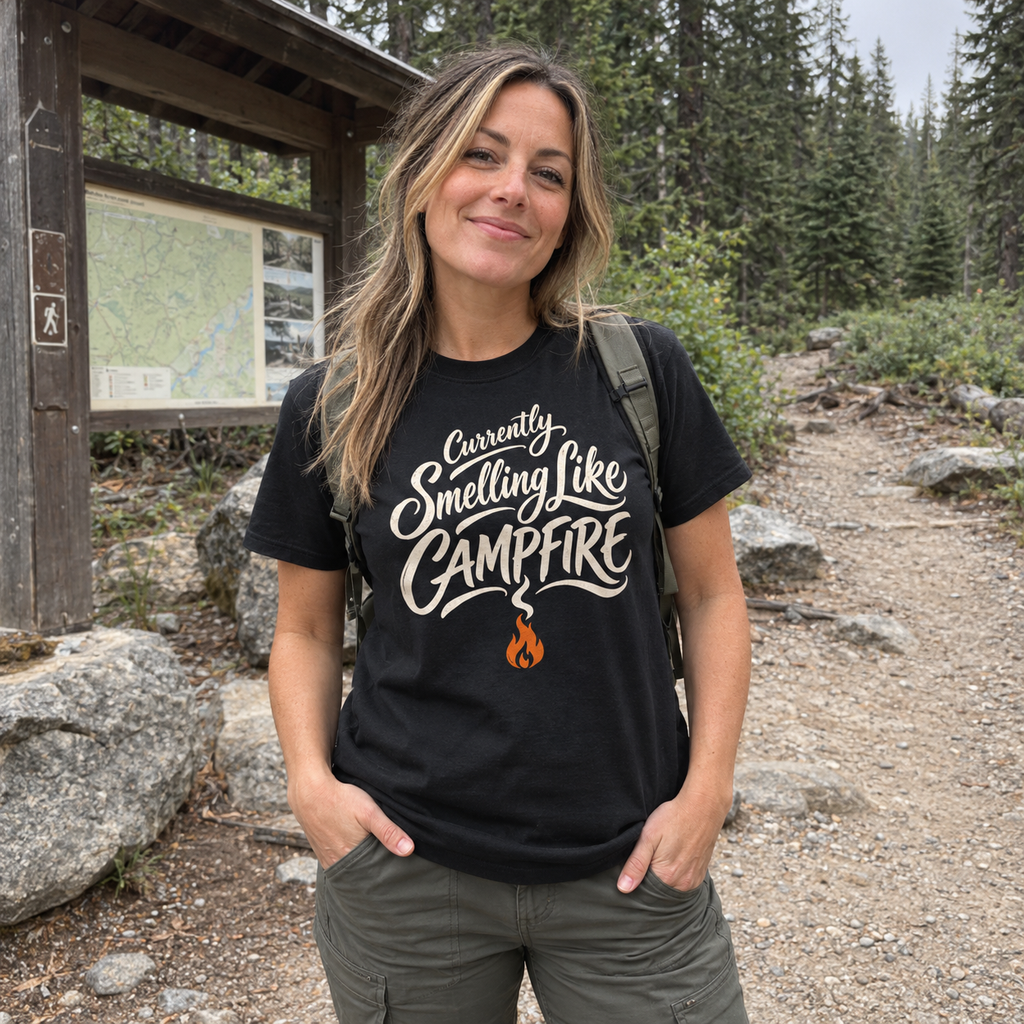 Woman wearing the Currently Smelling Like Campfire T-Shirt at a campsite