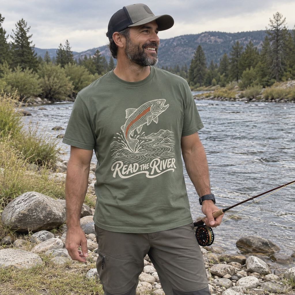 Man wearing the Read the River T-shirt outdoors