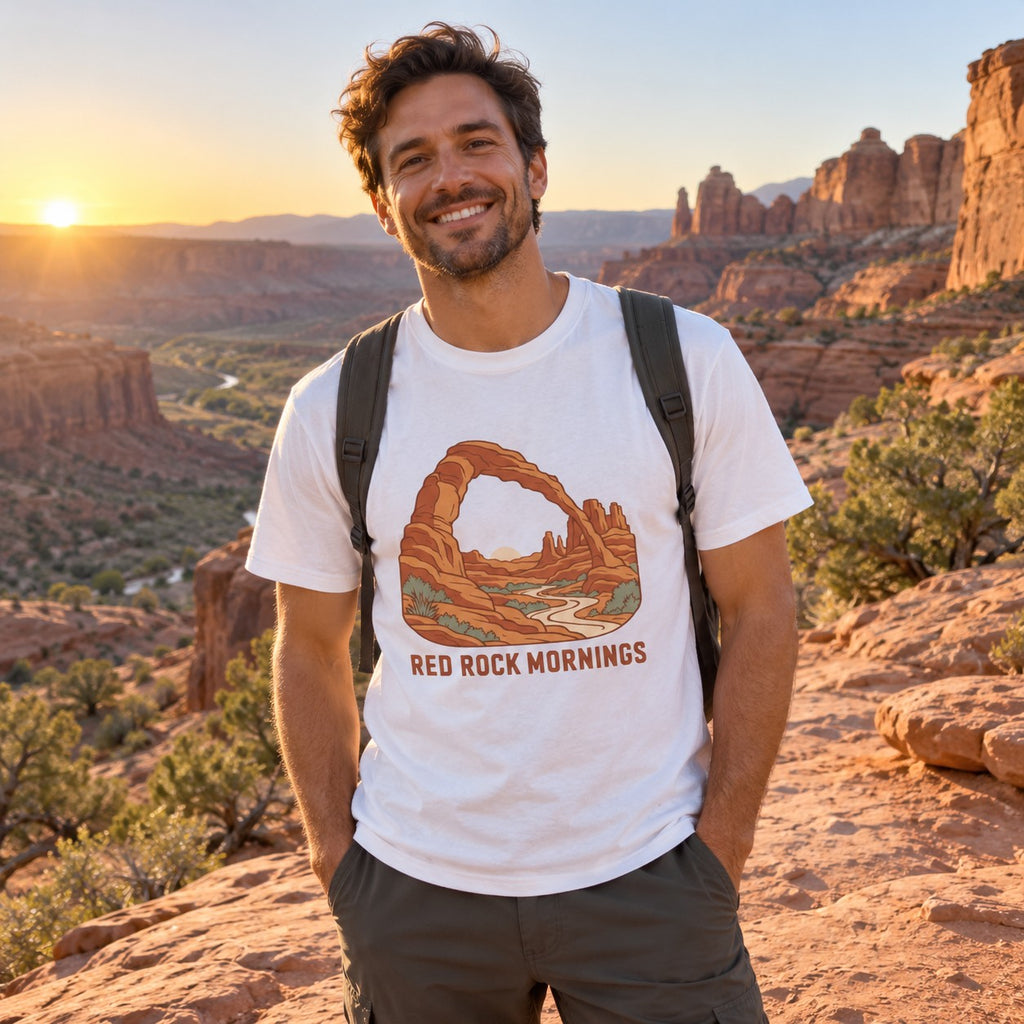 Red Rock Mornings T-Shirt worn outdoors