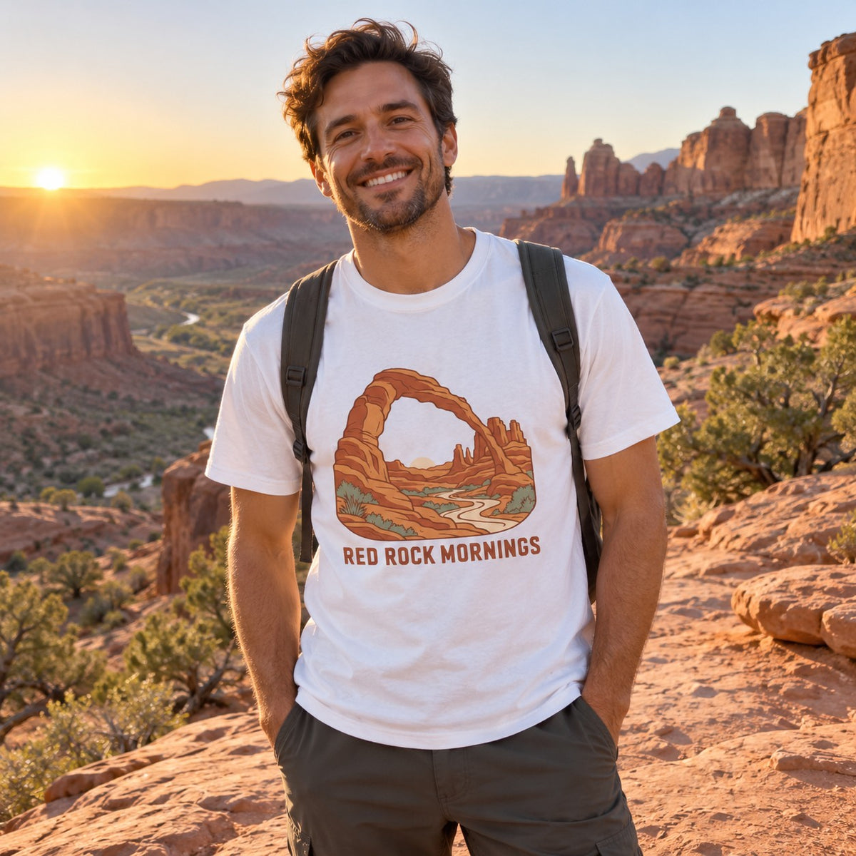 Red Rock Mornings T-Shirt worn outdoors