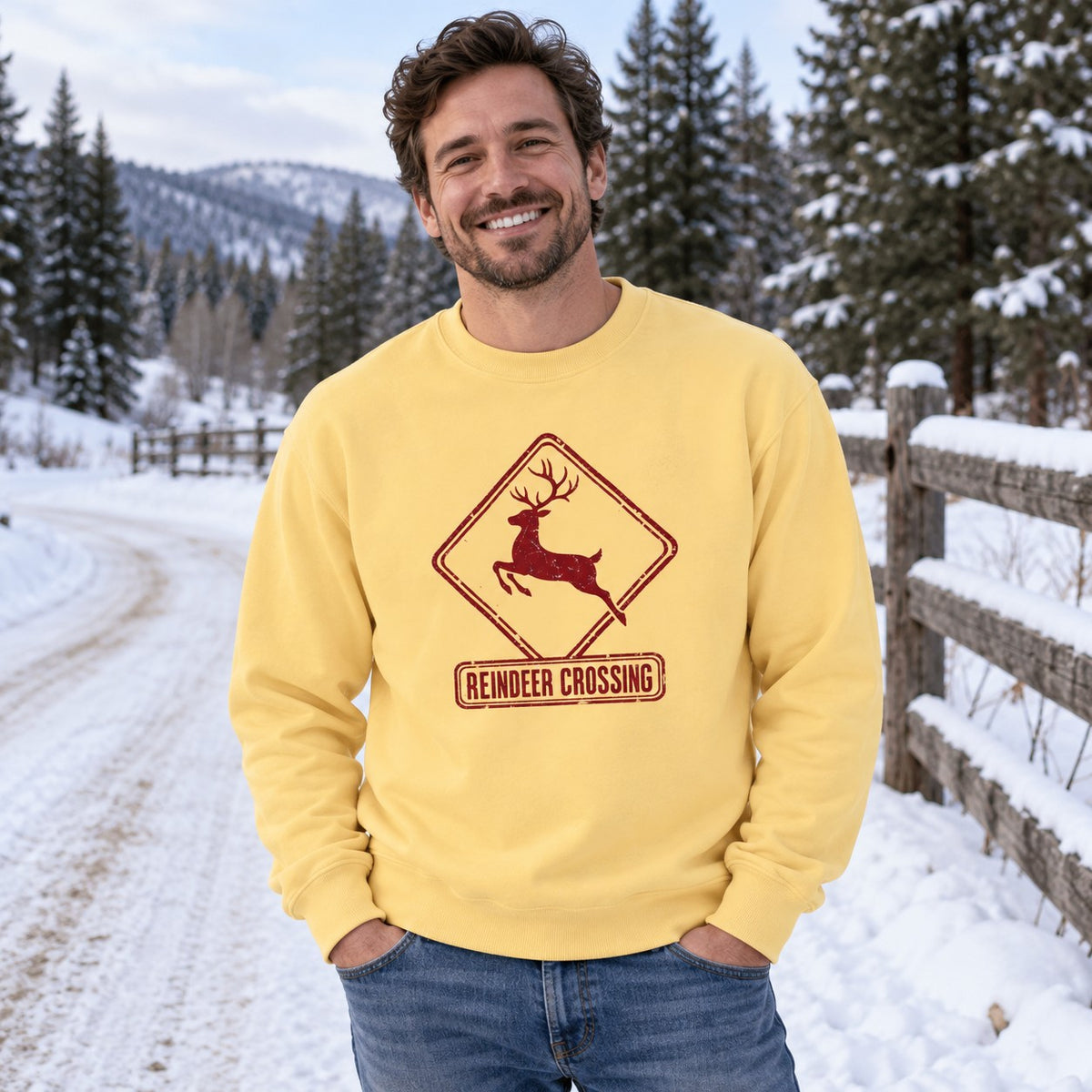 Reindeer Crossing Sweatshirt worn in a casual Christmas photo