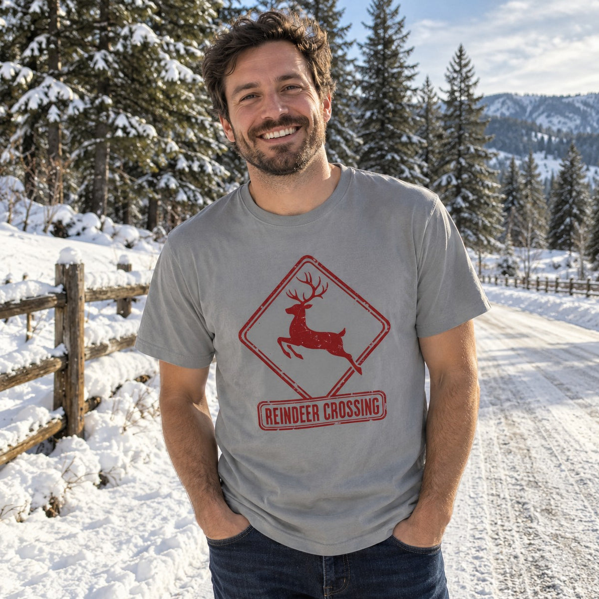 Reindeer Crossing T-Shirt worn in a casual Christmas photo