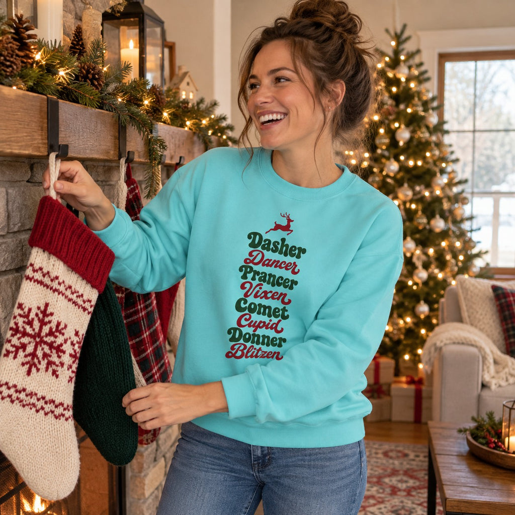 Dasher Dancer Prancer Vixen Sweatshirt worn in a casual Christmas photo