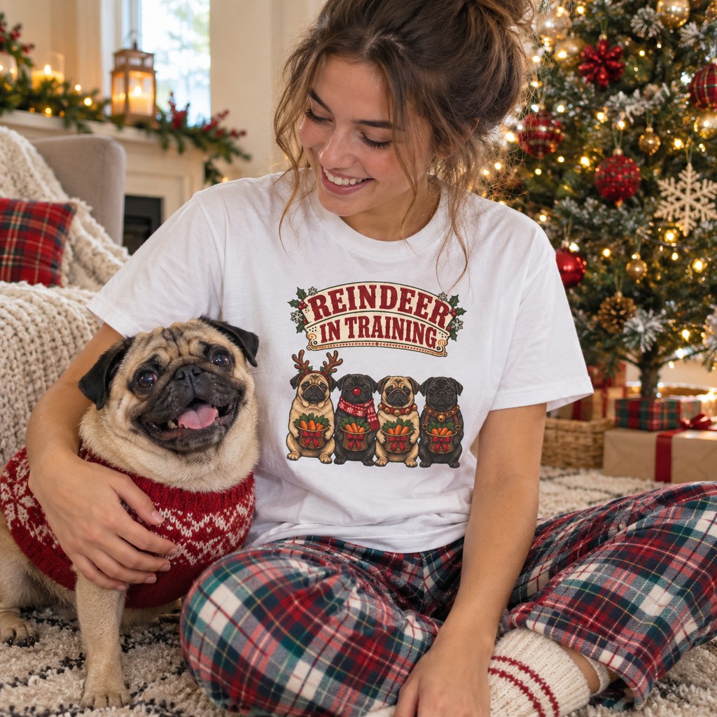 Reindeer in Training T-Shirt worn in a casual Christmas photo