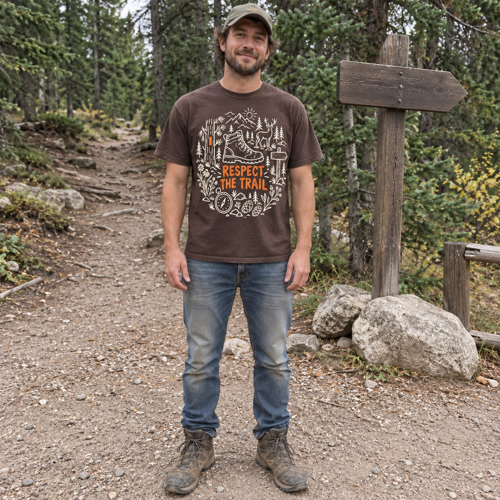 Man wearing the Respect the Trail T-Shirt in Espresso at a trailhead