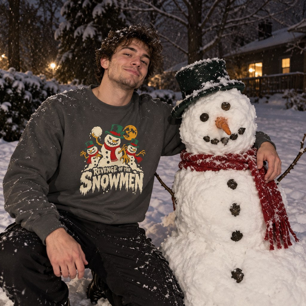 Revenge of the Snowmen Sweatshirt worn in a casual Christmas photo