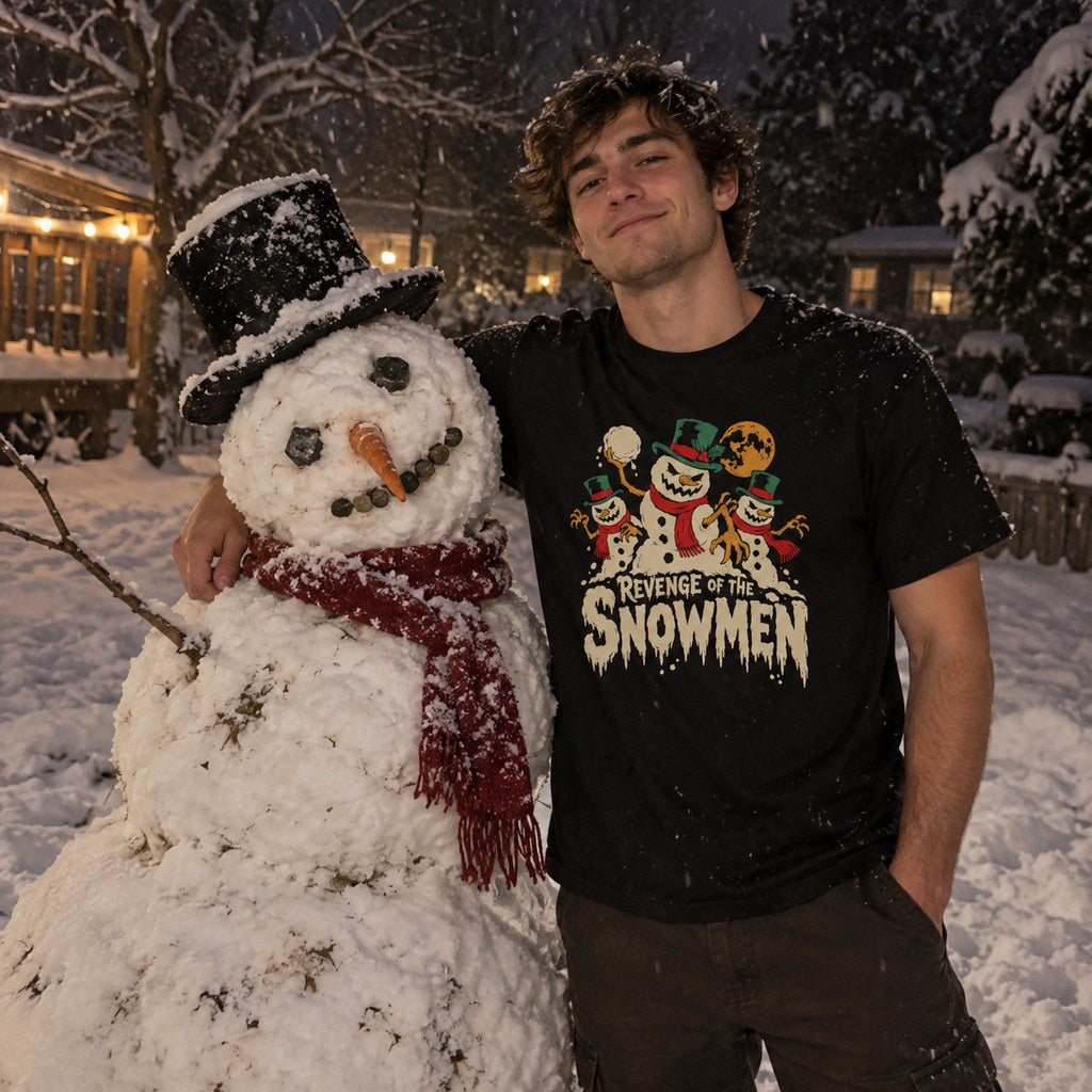 Revenge of the Snowmen T-Shirt worn in a casual Christmas photo